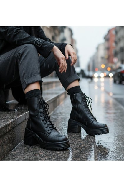 Jane Black Zippered and Laced Leather Women's Heeled Boots