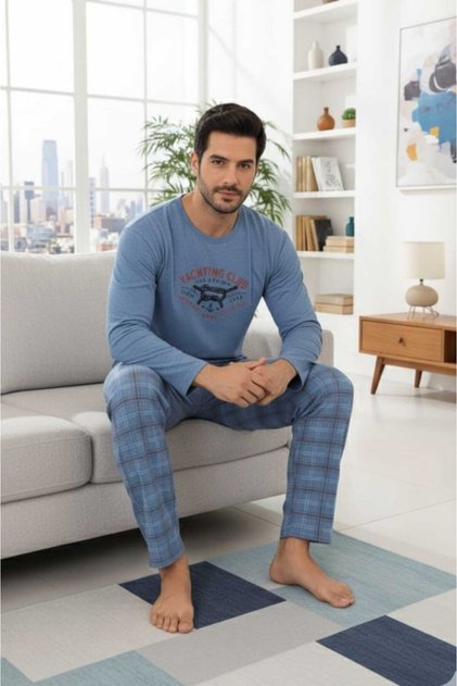 Men's Long Sleeve Blue Color Pajama Set with Writing on the Front