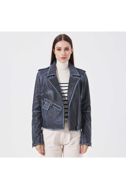 Mavi Hakiki Deri Kadın Deri Biker Mont - K23KDM320402-U1J
