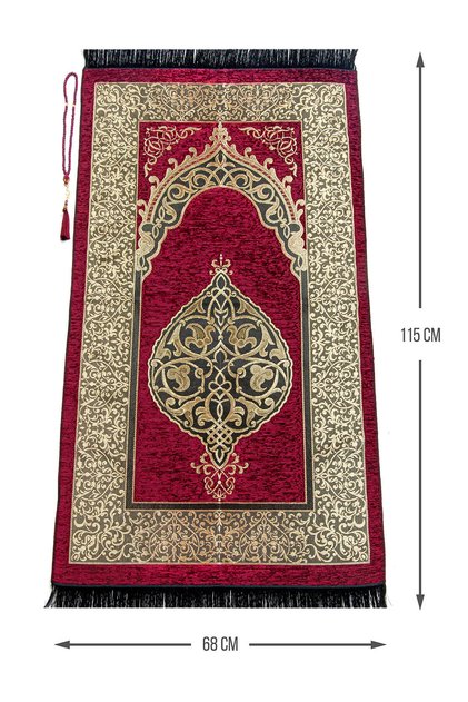 Luxurious Ottoman Chenille Prayer Rug Red with Prayer Beads Gift