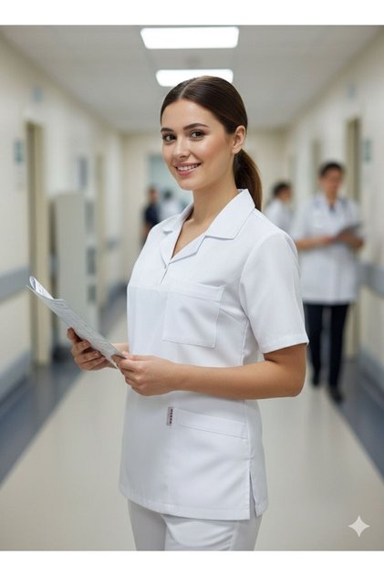Medikal Üniforma Likrasız Doktor Hemşire Alt Üst Takım Tek Çıtçıtlı Forma Beyaz Scrubs
