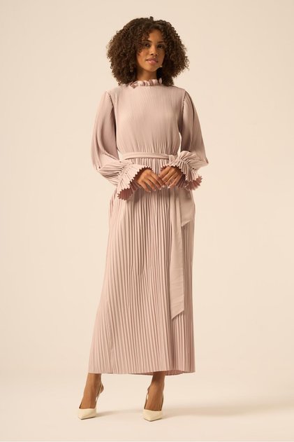 Women's Comfortable Fit Pleated Chiffon Dress Beige 31019