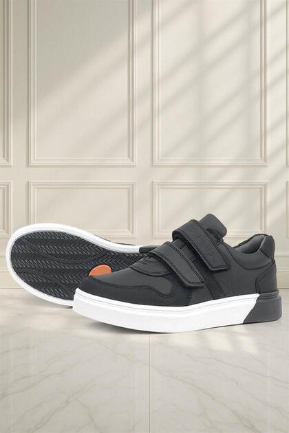 Genuine Leather Black and White Velcro Boys' Sneakers