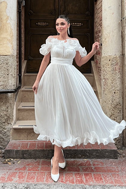 giyimmasal Chiffon Fabric Flounce Detailed Midi Dress - White- Trendyol