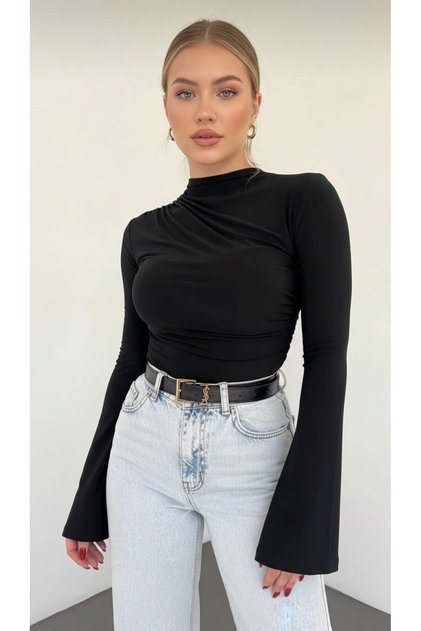 New Season Black Sandy Gathered Spanish Sleeve Blouse