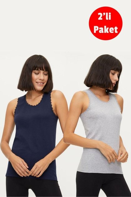 Women's 100% Cotton 2-Piece Lace Tank Top 1034 Blue