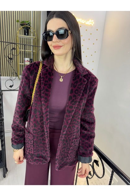 Bordo leopar desen süet cepli vatkalı blazer ceket