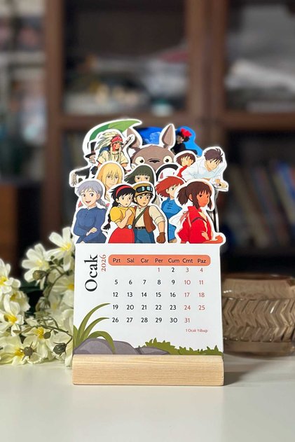 2027 Studio Ghibli Miyazaki Temalı Ahşap Standlı Özel Tasarım Takvim 2027 Masa Takvimi Hediye