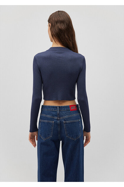 Mavi Bisiklet Yaka Lacivert Crop Kazak Fitted / Vücuda Oturan