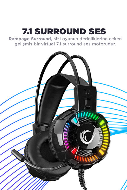 Rampage Styles Siyah Usb 7.1 Rgb Ledli Gaming Oyuncu Mikrofonlu