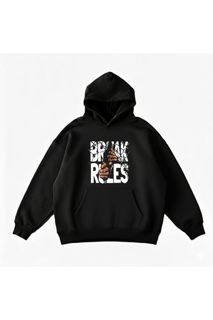 Makiteks Black Cotton Unisex Kangaroo Pocket Hooded Relaxed Cut Break Rules Printed Sweatshirt