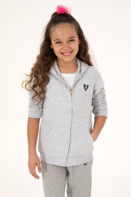 Girl's Light Gray Melange Hooded Zippered Sweatshirt 50316873-Vr091