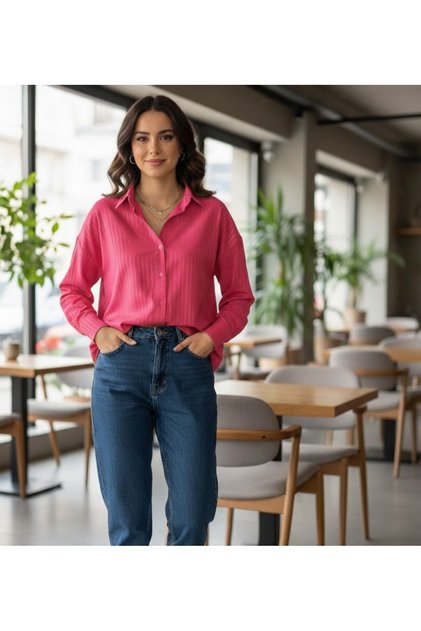 İnci Wears Kadın Varak Çizgili Oversize Gömlek Pembe