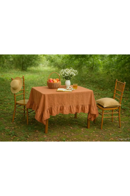 Tarçın Fırfırlı Naturel Vintage PREMİUM Keten Masa Örtüsü / Koltuk Örtüsü- tarçın renkli