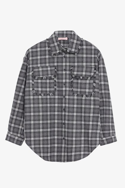Ekose Püskül Cepli Oversize Gömlek Gri