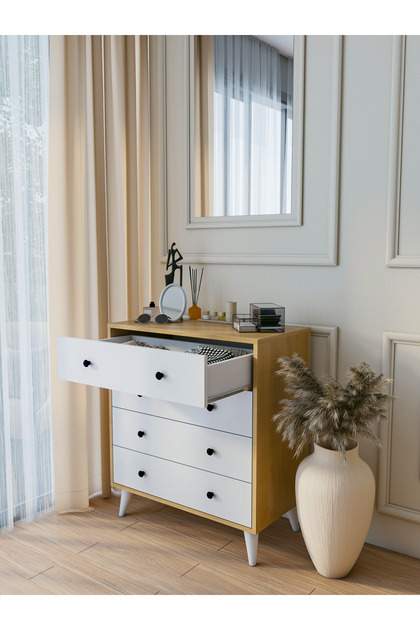 MONTENERO Şifonyer Marbella Parlak Beyaz-kahverengi 4 Çekmeceli