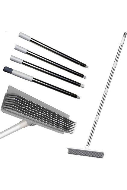 Rubber Sweeper, Rug and Hair Cleaning Sweeper with Rake, 4-Function, Stainless Steel, for Bathroom Use.