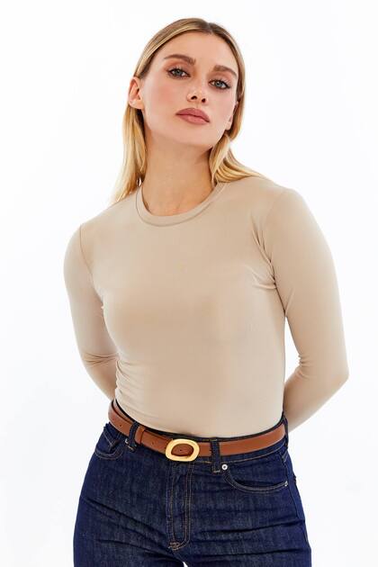 Round Neck Long Sleeve Blouse Mink