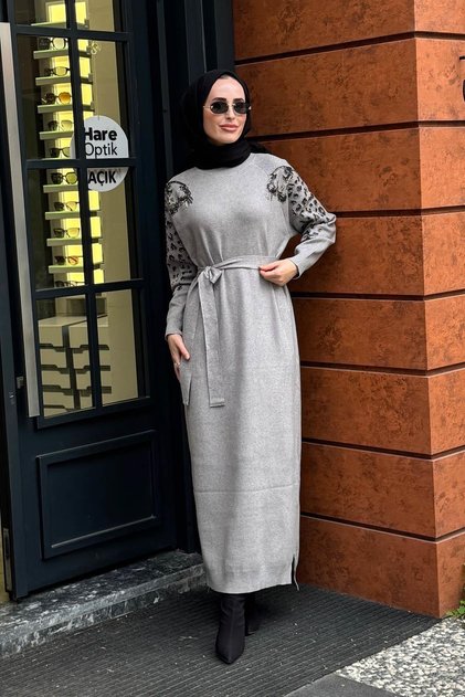 Shoulder and Sleeve Embroidered F Corded Fabric Steel Mesh Belt Dress