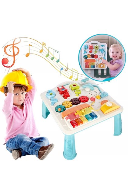 BrainyBaby 2-в-1 Монтесори маса за занимания и панел с пиано, LED, форми и цветове, син