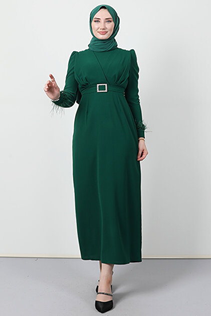 Giza Giyim Feather Detail Hijab Dress Dark Green- Trendyol Giza Giyim Feather Detail Hijab Dress Dark Green- Trendyol