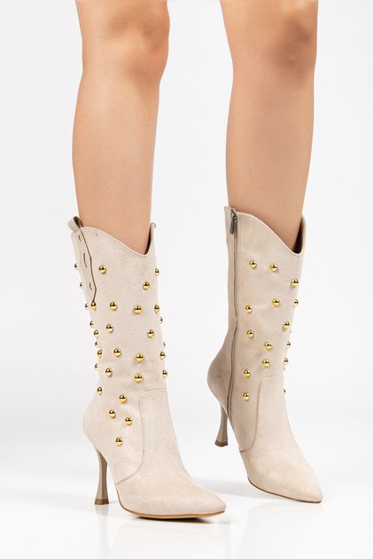 Women's Beige Suede Look Studded Detailed Thin Heeled Pointed Toe Western Cowboy Boots