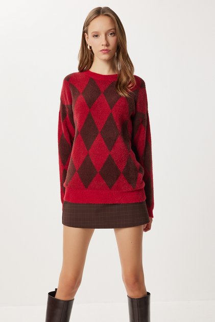 Baklava Patterned Fuzzy Effect Soft Sweater LFN0127 Burgundy Brown