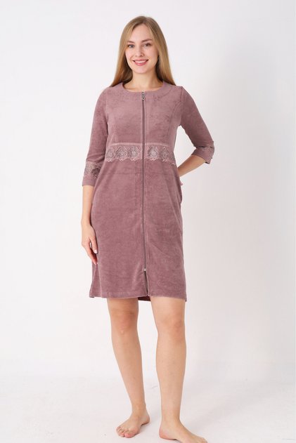 Women's Anthracite Zippered Lace Detailed Pocketed Cotton Terry Three Quarter Sleeve Dress