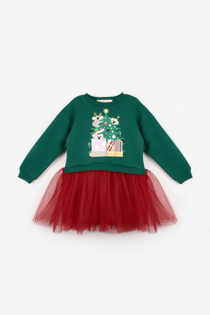 Green Koala Printed Girls' New Year's Dress - Renata