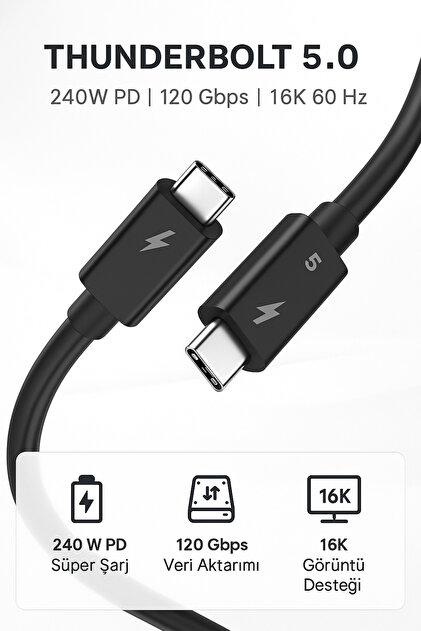 CHANNEL S 　THUNDERBOLT Coverzone Thunderbolt 5.0 Type-C Kablo – 240W PD Şarj, 120Gbps