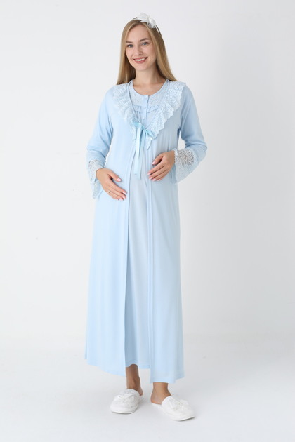 Maternity-Nightgown for Pregnant Women with Dressing Gown, Long Sleeves, Button Collar, 2-Piece Set