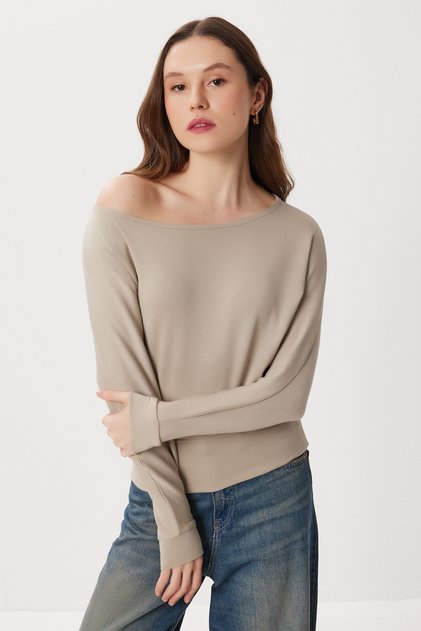 Open Shoulder Soft Modal Blouse Lby0017 Beige
