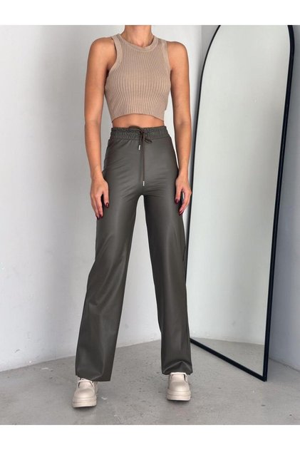 Women's Khaki Lace Detailed Straight Leg Inside Fleece-Lined High Waist L Stretch Fabric Wide Leg Leather Pants Leggings