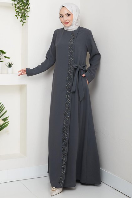 Hidden Zipper Side Tie Beaded Ferace Smoked Hm2845