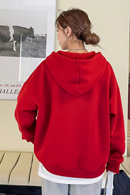 MARECASH Unisex Kapüşonlu Kırmızı Oversize Hırka Zip 2 Iplik Orta