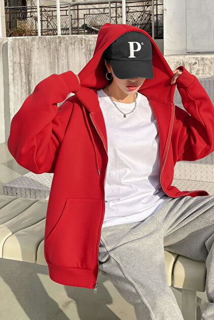 MARECASH Unisex Kapüşonlu Kırmızı Oversize Hırka Zip 2 Iplik Orta
