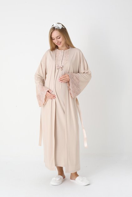 Long Maternity and Lace Nightgown Set (2 Pieces)