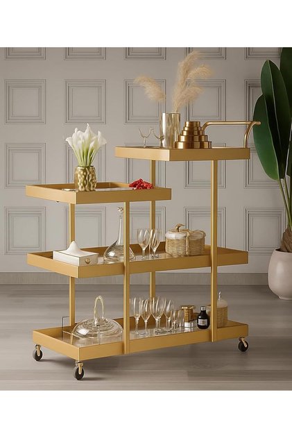 FFD Glass Bar Trolley Serving Cart Metal Frame Lockable Wheels (Matt Gold, 80 cm)