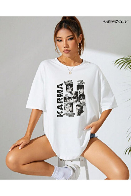 barsdepo Stray Kids Karma Baskılı Tişört, Oversize Unisex Beyaz