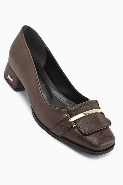 Gresa Brown Buckled Short-Heeled Women's Shoes