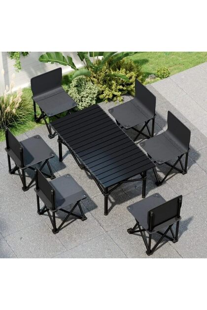 YU WELL Portable Roll-Up Camping Table with 6 Chairs, Aluminum Folding Set 120x55x50cm Black