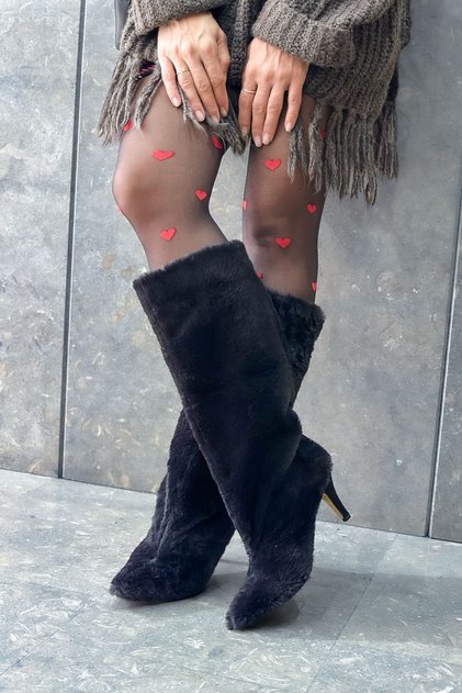 Yovana Black Plush Knee-High Women's Heeled Boots