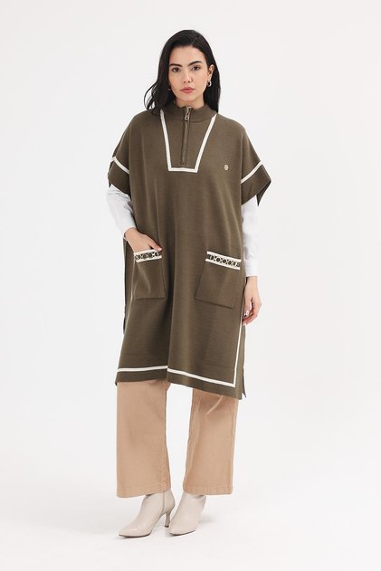 Women's Khaki Striped Pocketed Zippered Knit Poncho
