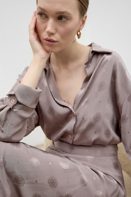 Coffee Textured Satin Oversize V-Neck Alessa Shirt