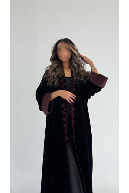 Burgundy velvet abaya with embroidery