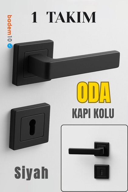 Akdam Mat Siyah Modern Oda Kapı Kolu Seti Kare Rozetli Sessiz Mekanizma Uyumlu Şık İç Kulp Takımı
