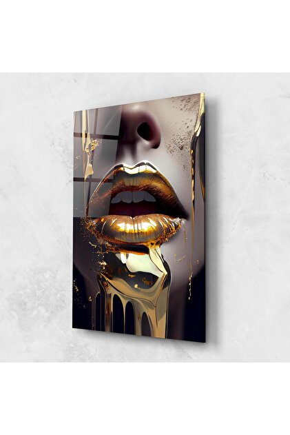 Tablou Sticla,Dormitor si Living, Black And Gold, Glamorous Gold Lips