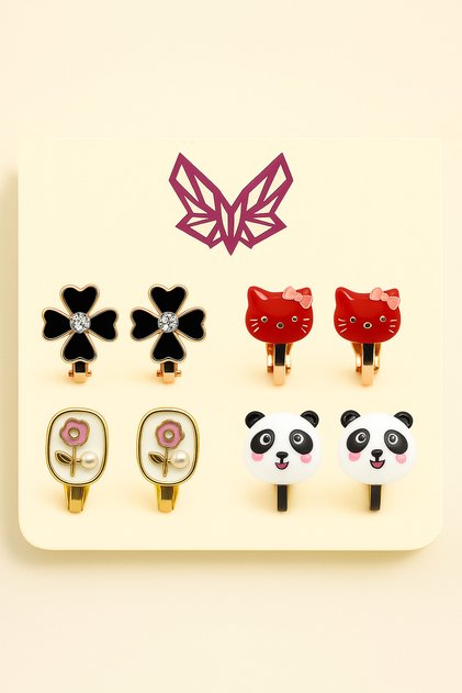 Economic Package 4-Piece Bow Heart Flower Hello Kity Clover Cherry Designs Non-Pierced Earring Sets