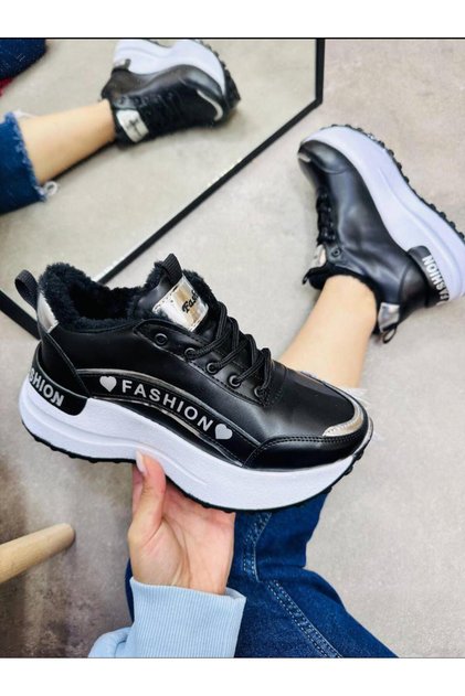 Women's Winter High Sole Fur Lined Lace-Up Comfortable Sports Shoes Casual Sneakers