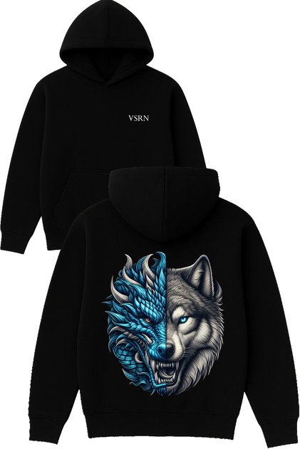 Wolf Dragon Design Printed Oversized Black Hooded Sweatshirt